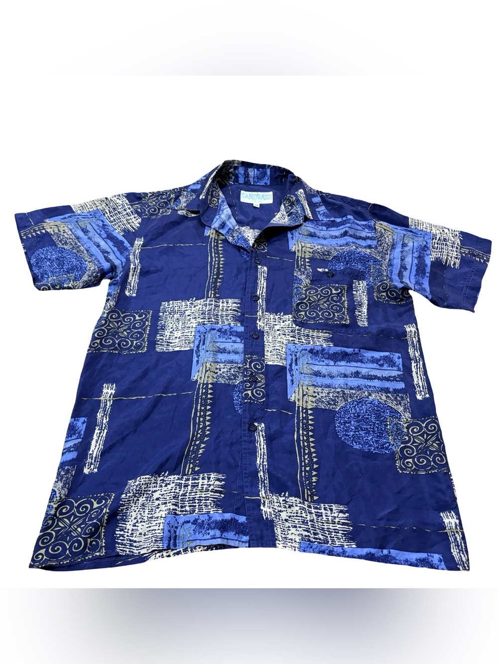 Vintage Sandwash 100% Silk Abstract Print Button Up Shirt Men’s M